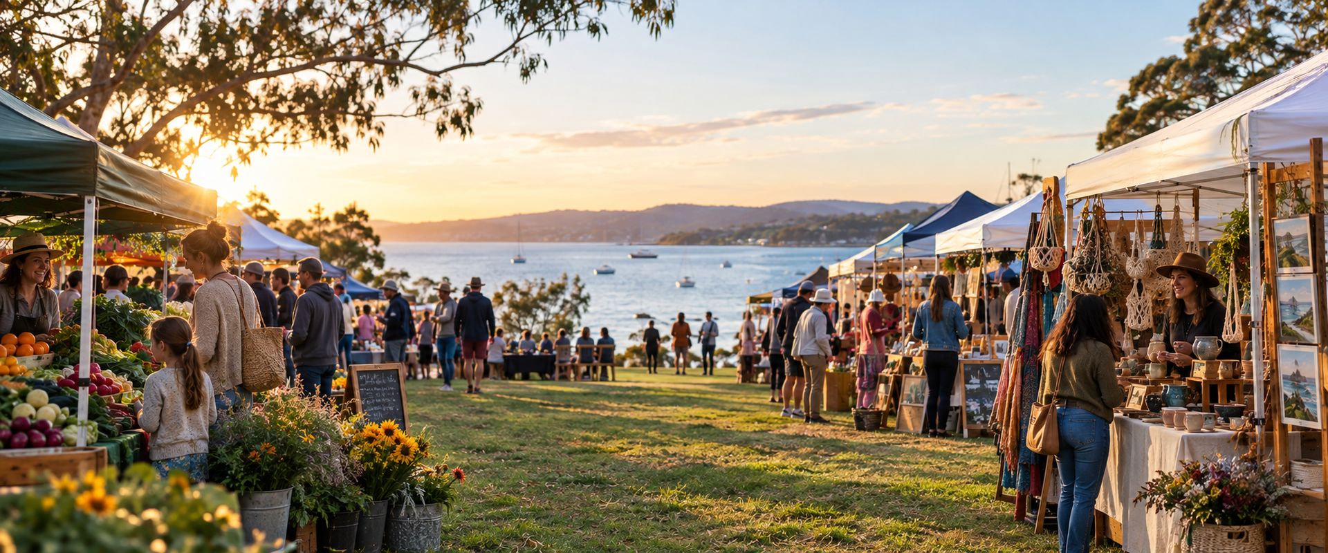 A local market on an Australian waterfront at golden hour, with stalls and people browsing